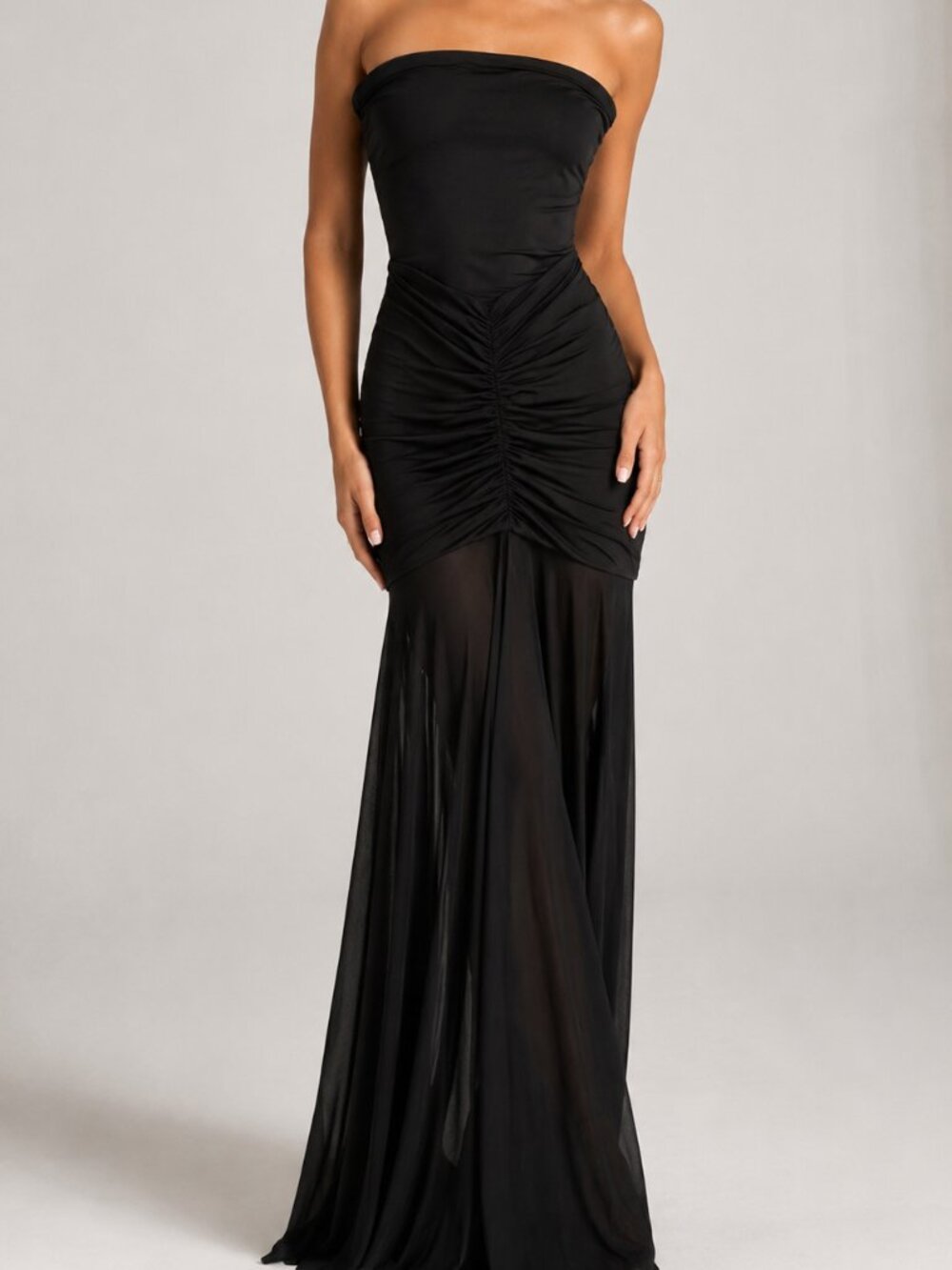 MESHKI Black Strapless Ruched Sheer Hem Maxi Dress XS